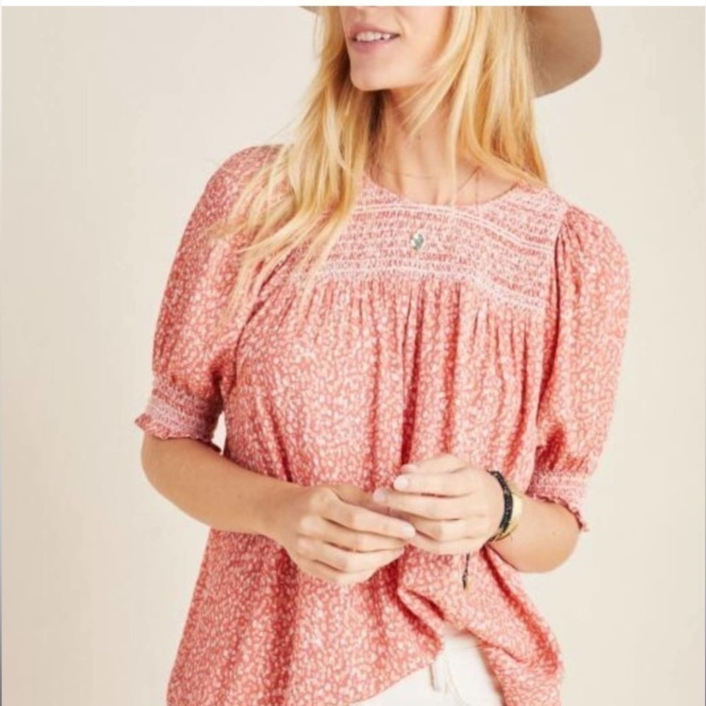 Anthropologie Dolan Rebecca Dot Smocked Short Sleeve Top sz S